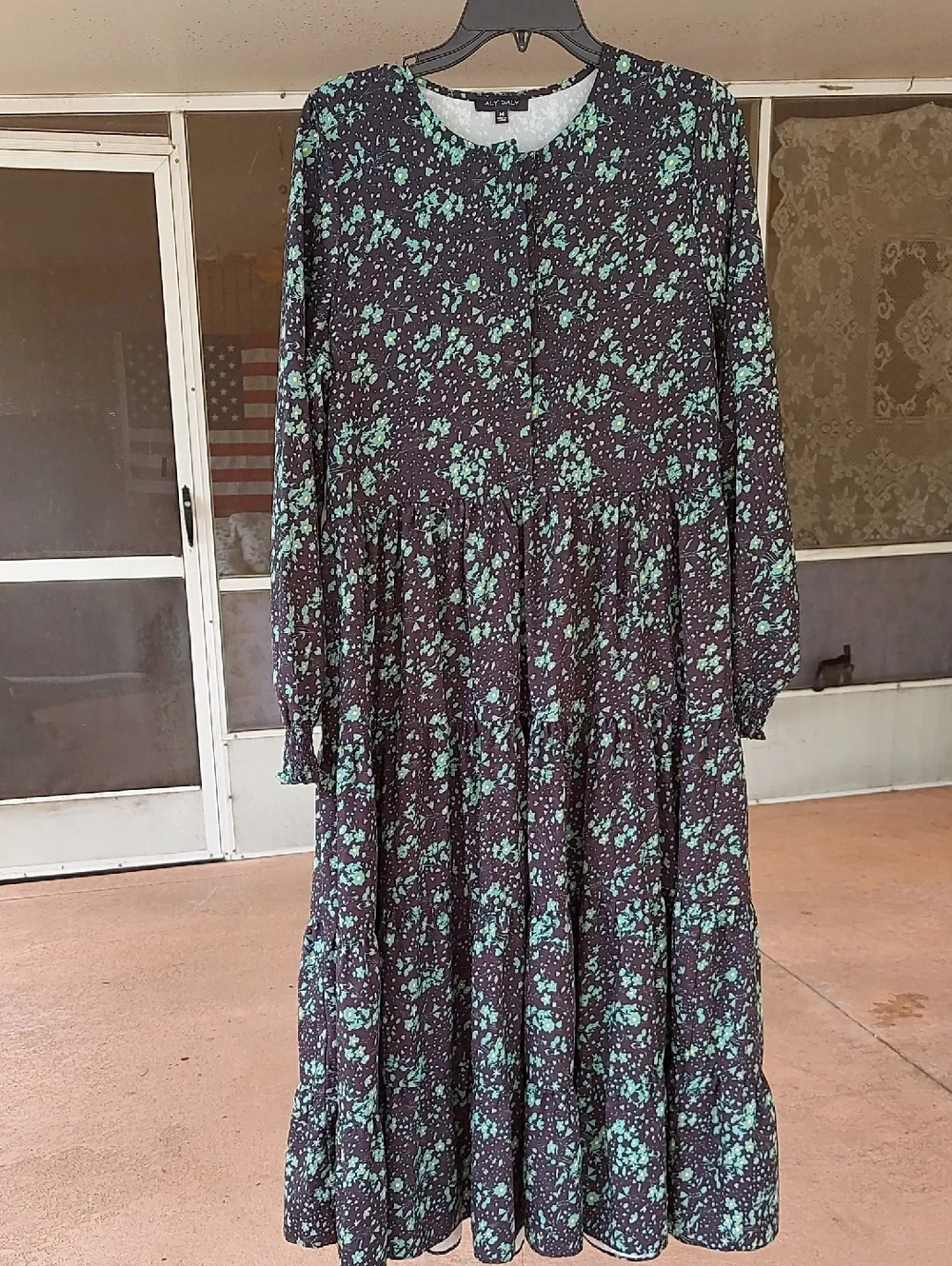 Long-Sleeve Tiered Maxi Dress in Black and Mint - Women's - Picture 1 of 6